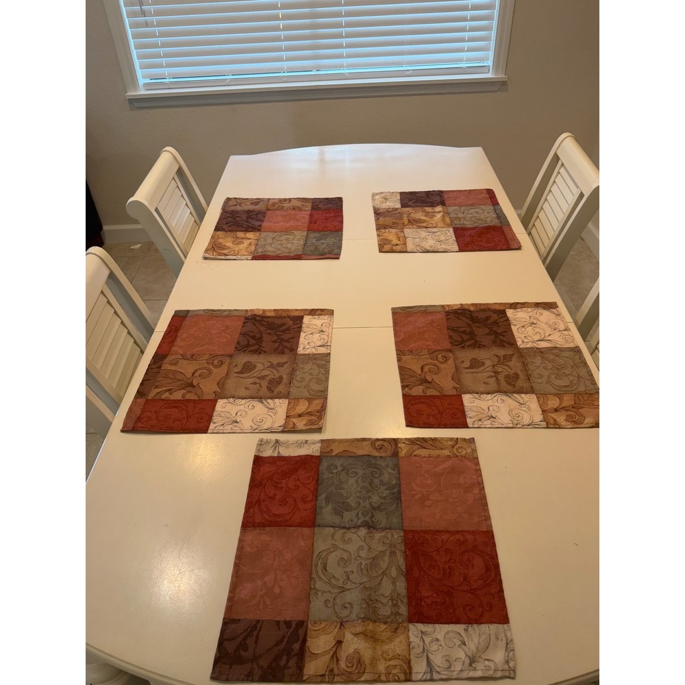 Set of 5 Patchwork Fabric Placemats Damask Floral Scroll Burgundy Earth Tones